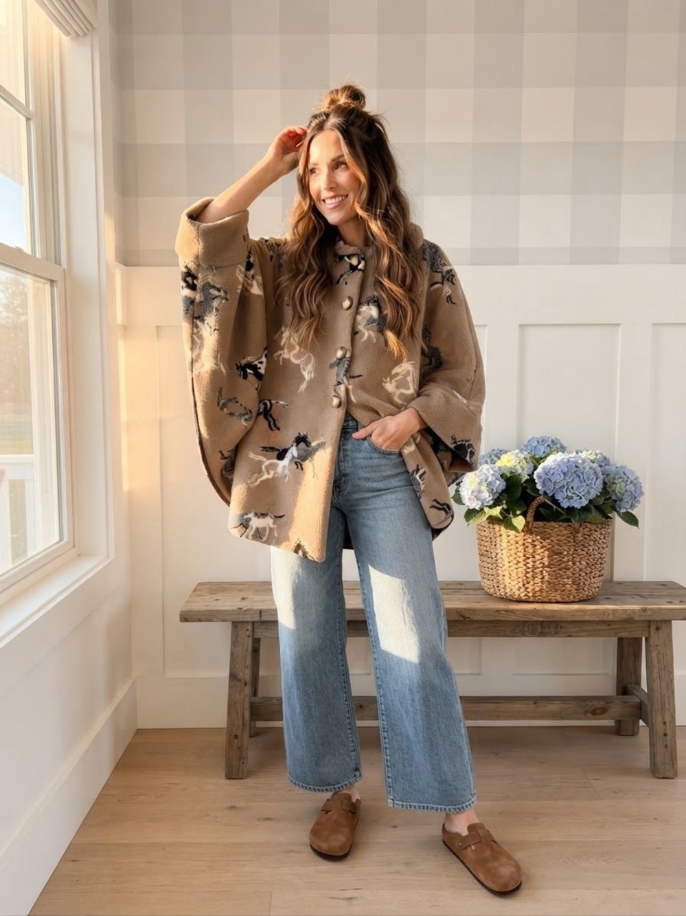 Western Tan Horse-Print Cape Jacket - Casual Ski & Snow Layer